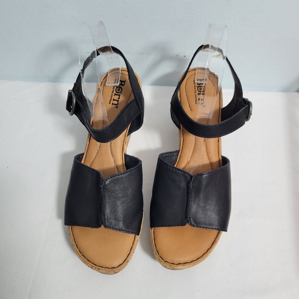 Born Agnio Women's Black Leather Cork Wedge Sandals Size 9M 81825-2788 - Picture 6 of 6